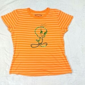 LOONEY TUNES TWEETY BIRD GIRLS ORANGE STRIPE GREEN SEQUIN T-SHIRT SIZE MEDIUM